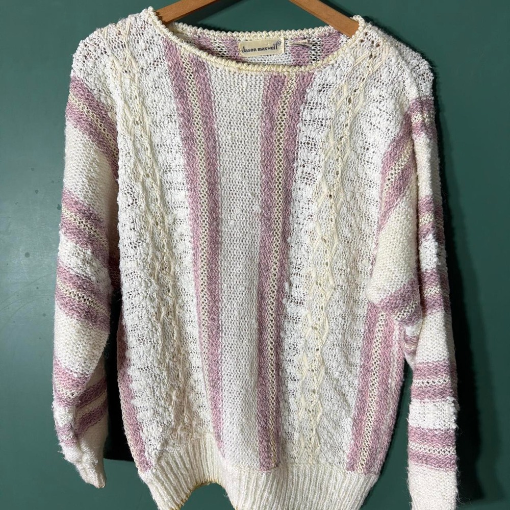 Vintage 90s Jason Maxwell Striped Knit Sweater Cream Purple Large